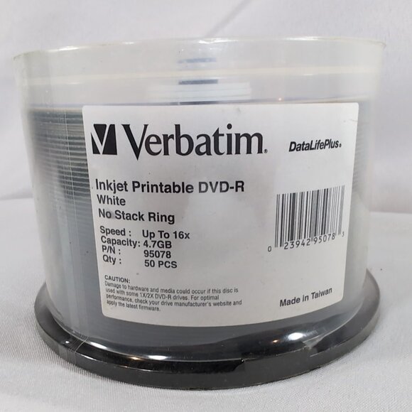 Verbatim Inkjet Printable DVD-R White No Stack Ring 50 Pcs 16x 4.7GB 95078 NEW - Picture 1 of 8